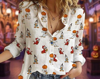 Huey Dewey Louie Geist Teufel Halloween Frauen Bluse, Disney Spooky Duck Button Up Shirt