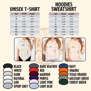Puede incluir: Imagen de camisetas y sudaderas con capucha unisex. Incluye tablas de tallas con medidas en pulgadas. Las opciones de color incluyen negro, blanco, arena y otras tonalidades.