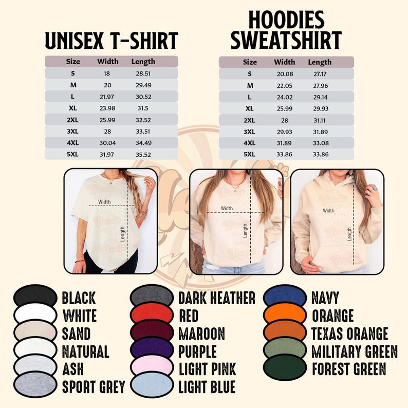 Puede incluir: Imagen de camisetas y sudaderas con capucha unisex. Incluye tablas de tallas con medidas en pulgadas. Las opciones de color incluyen negro, blanco, arena y otras tonalidades.