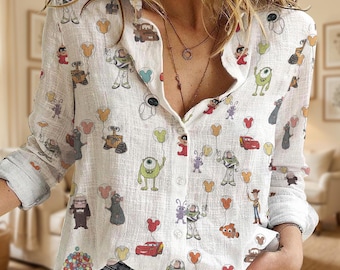 Kleurrijke Pixar-personages Mickey-ballon dames button-up shirt, Toy Story Cars Monsters Inc-blouse
