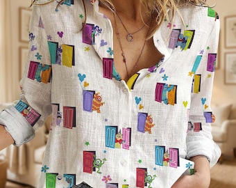 Monsters Inc Character Women Button Shirt, Sulley Mike Wazowski Door Apparel, Disney Pixar Fan Gift for Her
