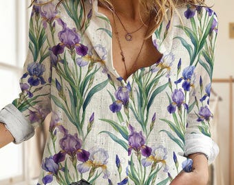 Purple Iris February Birth Flower Women's Button Shirt, Wildflower Botanical Blouse Tee