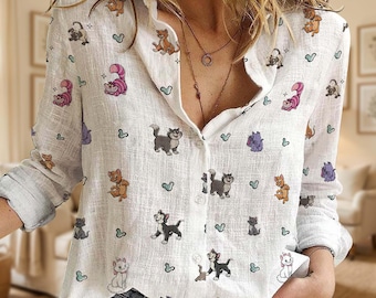 Disney Cats Lover Button-Up Shirt, Marie Aristocats Cheshire Cat Blouse Tee, Disney Park Trip Outfits
