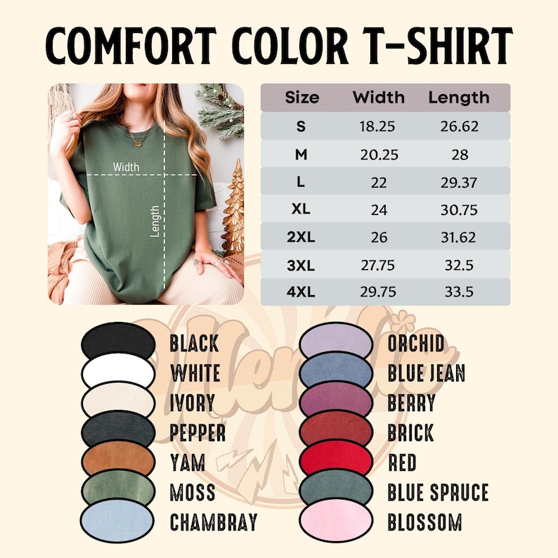 Puede incluir: Una camiseta Comfort Color en varios colores, con una tabla de tallas que muestra anchos de 46,35 cm a 75,57 cm y largos de 67,62 cm a 85,09 cm. Los colores incluyen negro, blanco, marfil, pimienta, &ntilde;ame, musgo y chambray.
