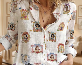 Disney Princess Portrait Button Down Shirt, Cinderella Belle Jasmine Rapunzel Blouse, Princess Frame Lover Gift