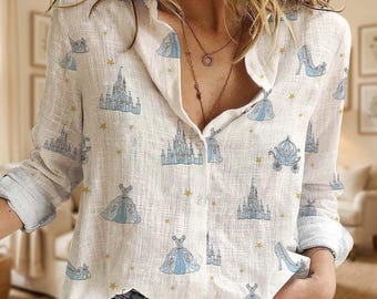 Disney Cinderella Women Blouse Shirt, Disney Princess Castle Button Up Tee