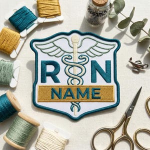 Custom RN Name Patch, Medical Caduceus Badge, Personalized RN Nurse Patch, Nursing Student, Shield Shape Iron On Patch for Healthcare