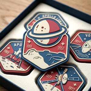 May include: A set of four hexagonal space-themed patches in a blue box. The central patch features a planet with rings above a lunar landscape, marked with the years 1961 and 2057. Other patches depict the Apollo lunar module, a space probe, and text.