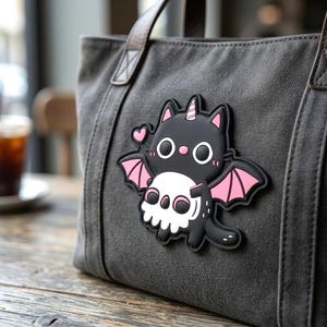 Spooky Cute Black Cat Bat Wing Rubber PVC Patch Hook and Loop Tactical Morale Emblem Kawaii Skull Horned Kitty Bag Jacket Decor Gift