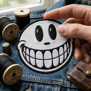 May include: A circular embroidered patch featuring a white face with a wide, black-outlined grin and large black oval eyes. The patch has a thick black border and is designed with a classic cartoon aesthetic, showcasing detailed black thread work.