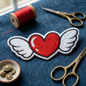 May include: An embroidered patch featuring a red heart with white wings and a black outline. The patch is surrounded by a wooden spool of red thread, two pairs of gold-toned metal scissors, and a small ceramic bowl containing four metal buttons.