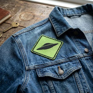 May include: A denim jacket with a neon green and black UFO patch. The patch is square with a black UFO design and a black border. The jacket is a medium wash blue denim with metal buttons and pockets.
