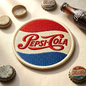 May include: A circular Pepsi Cola patch with red, white, and blue sections and embroidered lettering. Several vintage bottle caps and a Pepsi bottle are arranged around the patch, evoking a retro soda theme.