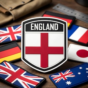 May include: A shield-shaped patch featuring the word ENGLAND in white text on a black background above a white field with a red cross. The patch is surrounded by other rectangular flag patches including the United Kingdom, Germany, France, Japan, and Australia.