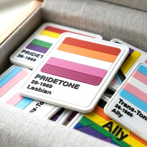 May include: A collection of rectangular white pins featuring colorful horizontal stripes representing various pride flags. Each pin displays the text PRIDETONE, the date 28-1969, and a specific identity label such as Lesbian or Ally in raised black lettering.