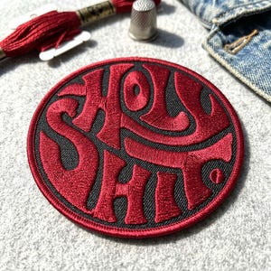 Retro 70s Style Embroidered Patch, Psychedelic Typography Iron On Badge, Urban Streetwear Accessory, Red & Black Slogan Iron On