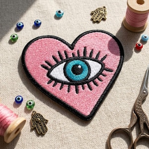 Pink Heart Evil Eye Embroidered Patch, Mystical Eye in Heart Embroidery Patch, Hippie Fashion and Creative DIY Projects