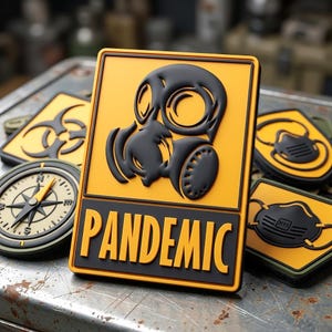May include: A rectangular morale patch featuring a raised black gas mask icon on a yellow background with the word PANDEMIC in bold black letters at the bottom. The patch is surrounded by other tactical patches including a compass and biohazard symbol.