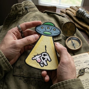 May include: An embroidered patch featuring a grey UFO with a green top dome and yellow light beam shining down on a white cow with black spots. The patch has a black border and is held against a background of a tan jacket, a compass, and a survey document.