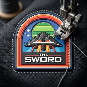 May include: A rectangular patch with rounded top corners featuring a black spaceship graphic, a green planet, and a rainbow border. The text THE SWORD is printed in white on a black background. A sewing machine needle is positioned over the patch.