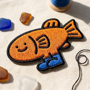 Cute Orange Fish with Blue Shoes Embroidered Patch, Cartoon Goldfish Wearing Boots Embroidery Motif, Fun Sea Animal Iron on Badge