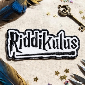 Magic Spell "Riddikulus" Embroidered Patch, Gothic Style Black & White Embroidery, Magical Phrase Accessory, Magic Theme Accessorizing