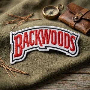 Backwoods Embroidered Patch, Nature Wilderness Iron On Patch, Outdoor Adventure Badge, Red White Text Patches for Jackets Backpacks