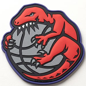 Red Dinosaur PVC Patch | Rubber Basketball Raptor Emblem | Tactical Morale Patch for Backpacks | Cool Dino Hook and Loop Badge