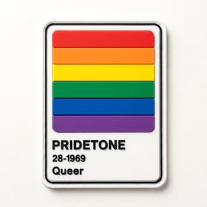 May include: A rectangular patch featuring a horizontal rainbow flag design with red, orange, yellow, green, blue, and purple stripes. Below the stripes, the text reads PRIDETONE, 28-1969, and Queer in black, bold, sans-serif lettering.