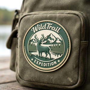 May include: An olive green canvas backpack featuring a circular rubber patch. The patch displays a dark green deer silhouette, a mountain range, and a forest landscape with the text Wild Trail and EXPEDITION in a cream-colored font.