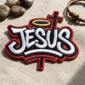 May include: Embroidered patch with the word "JESUS" in white, outlined in black and red. A black cross and gold halo are above the text. The patch is on a tan fabric surface.