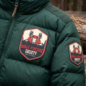 May include: A dark green quilted puffer jacket featuring two hexagonal patches. The patches display a graphic of a deer head, mountains, and a red sun with the text "EST. 2022 NOBLE FIRESIDE SOCIETY GRILL & CHILL" in cream and red lettering.