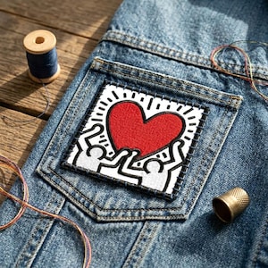 May include: A denim jacket pocket features a square patch with a red heart design, surrounded by white figures and a black border. A wooden spool of blue thread, colorful threads, and a thimble are also visible.