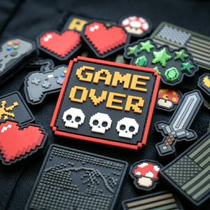 May include: A collection of pixel art patches featuring a central square patch with a red border, the yellow text GAME OVER, and three white skulls. Other patches include red hearts, green stars, game controllers, a sword, and mushrooms.