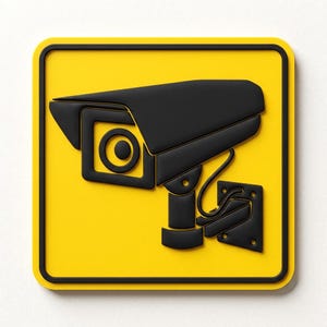 May include: A square yellow sign with rounded corners and a thick black border. The sign features a raised, three-dimensional black graphic of a security surveillance camera mounted on a bracket, centered against the bright yellow background.