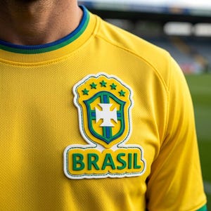 May include: A bright yellow athletic jersey featuring a textured fabric and a blue and green ribbed collar. Centered on the chest is a raised emblem displaying a shield with a white cross, five green stars above, and the word BRASIL in green.