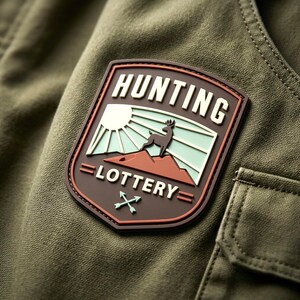 May include: A shield-shaped patch attached to olive green fabric. The patch features a dark brown border with the text "HUNTING" and "LOTTERY" in cream. It depicts a stylized deer on a mountain peak under a sun, with two crossed arrows below.