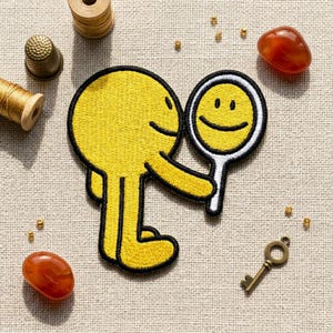 Smiley Face Looking in Mirror Embroidered Patch, Aesthetic Decorative Applique for Jackets, Colorful Embroidery Iron-on Motif