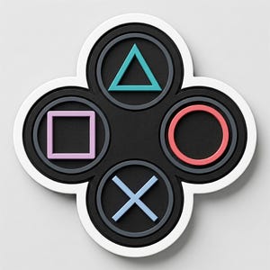 May include: A clover-shaped wall decor piece featuring four circular black recessed sections. Each section contains a raised symbol: a teal triangle, a pink square, a red circle, and a light blue cross, all outlined in a thick white border.