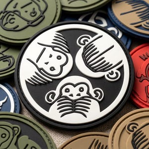 May include: A circular black and white rubber patch featuring a stylized graphic of three monkeys arranged in a triangular formation, with each monkey covering its eyes, ears, or mouth, set against a background of various other colorful patches.
