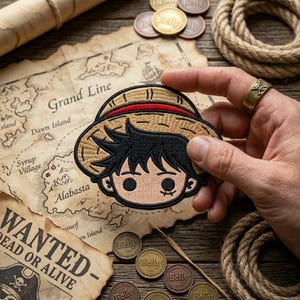 May include: Embroidered patch featuring a cartoon character wearing a straw hat with a red band. The patch is held over a vintage map with the words "Grand Line" and "Wanted - Dead or Alive". Several "Belly" coins and rope are also visible.
