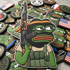 May include: A rubberized PVC morale patch featuring a green cartoon frog character wearing a black balaclava, an orange headband, and a green tactical vest, while holding a gray and brown rifle. The patch has a raised, textured surface.