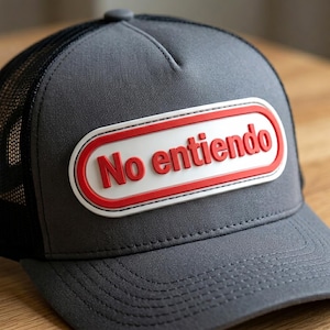 May include: A charcoal gray trucker hat featuring a black mesh back and a rectangular patch on the front. The patch has a white background with a red border and the text "No entiendo" in raised red lettering across the center of the cap.