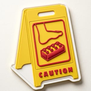 May include: A yellow A-frame caution sign with a white border. The sign features a red graphic of a bare foot stepping toward a red plastic building block. The word CAUTION is printed in red capital letters at the bottom of the yellow sign face.