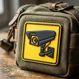 May include: An olive green canvas bag featuring a square patch with a yellow background and a raised black graphic of a security camera. The bag includes brown leather accents, metal hardware, and a buckled strap across the top section.