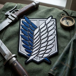 May include: Embroidered patch featuring a stylized wing design in white and blue, set against a gray background. The patch is on a green fabric surface, accompanied by a compass and two knives with wooden handles.