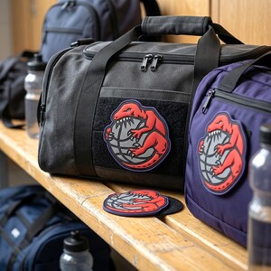 Red Dinosaur PVC Patch | Rubber Basketball Raptor Emblem | Tactical Morale Patch for Backpacks | Cool Dino Hook and Loop Badge