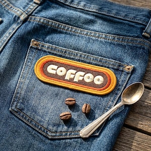 May include: Close-up of a denim jeans pocket with a retro-style embroidered patch that reads "coffee" in white letters. Three coffee beans and a silver spoon are next to the pocket.