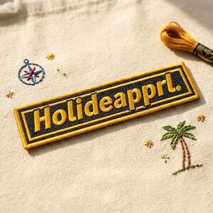 Yellow and Black Embroidered Word Patch, Rectangular Iron on Badge, DIY Clothing Accessory, Travel Inspired Gift for Him