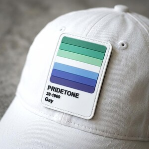May include: A white baseball cap featuring a rectangular patch on the front. The patch displays a horizontal striped pattern in shades of green, white, blue, and purple. Below the stripes, the text reads PRIDETONE 28-1969 Gay in black lettering.